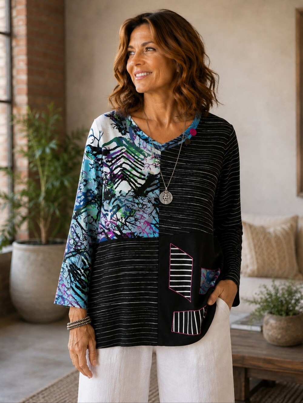 Ali Miles Medium Artsy Patchwork Tunic Abstract Striped Wearable Art Top Boho